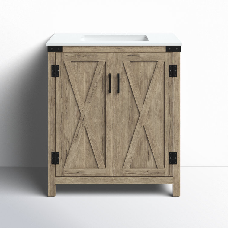 Natural Oak Freestanding Single Vanity with White Quartz Top
