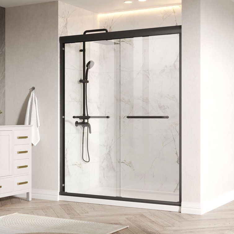 60-Inch Matte Black Aluminum Double Sliding Shower Door with Clear Glass
