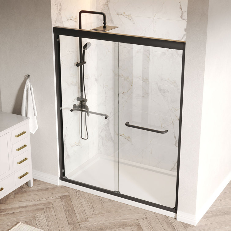 60-Inch Matte Black Aluminum Double Sliding Shower Door with Clear Glass