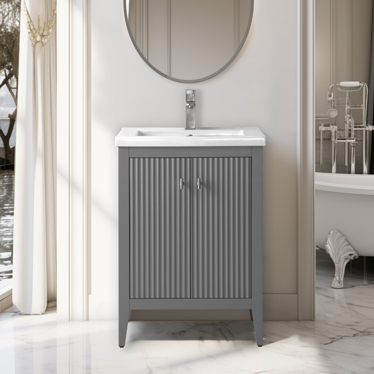 Gray Freestanding Single Bathroom Vanity with Ceramic Top