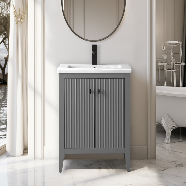 Gray Single Freestanding Bathroom Vanity with Ceramic Top