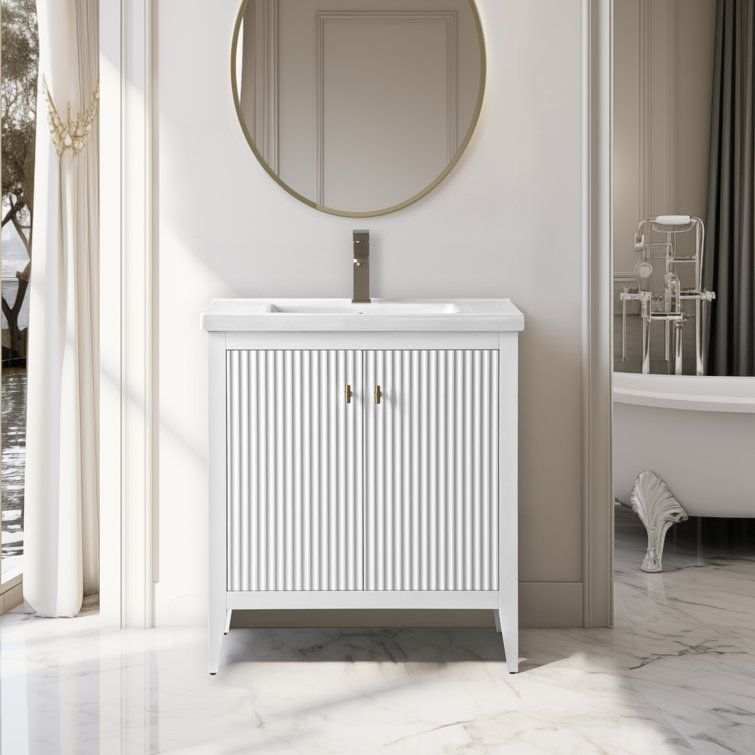 30" White Solid Wood Freestanding Bathroom Vanity with Ceramic Top