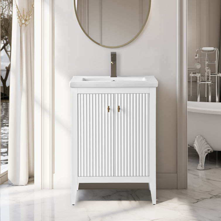 White and Gold Freestanding Single Bathroom Vanity with Ceramic Top