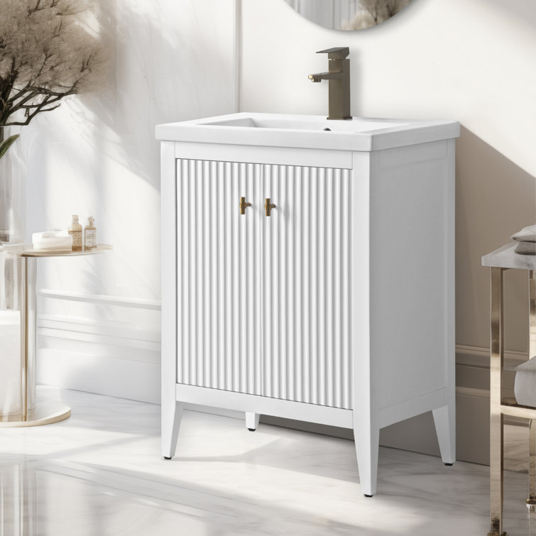 White and Gold Freestanding Single Bathroom Vanity with Ceramic Top
