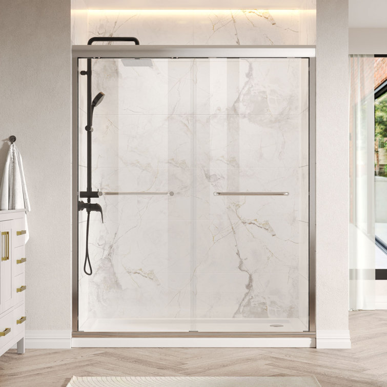 Silver Semi-Frameless Double Sliding Shower Door with Tempered Glass