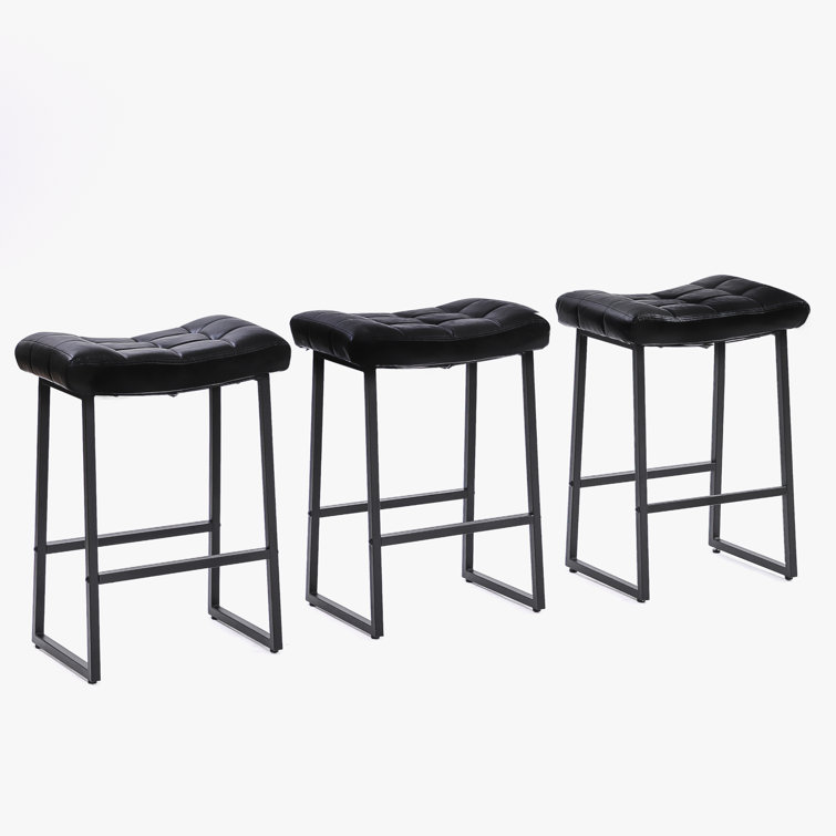 24'' Black Faux Leather Saddle Counter Height Bar Stools with Metal Frame