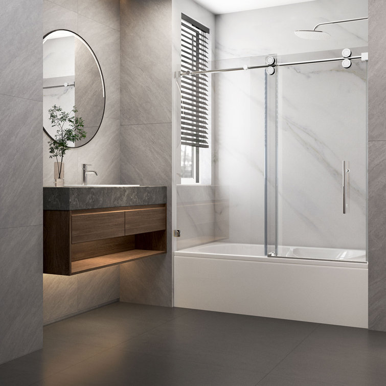 Brushed Nickel Frameless Sliding Shower Door with Clear Tempered Glass