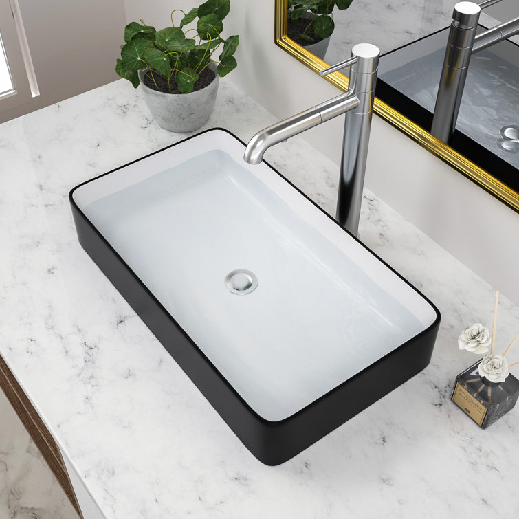 24" White Ceramic Rectangular Vessel Sink with Black Rim
