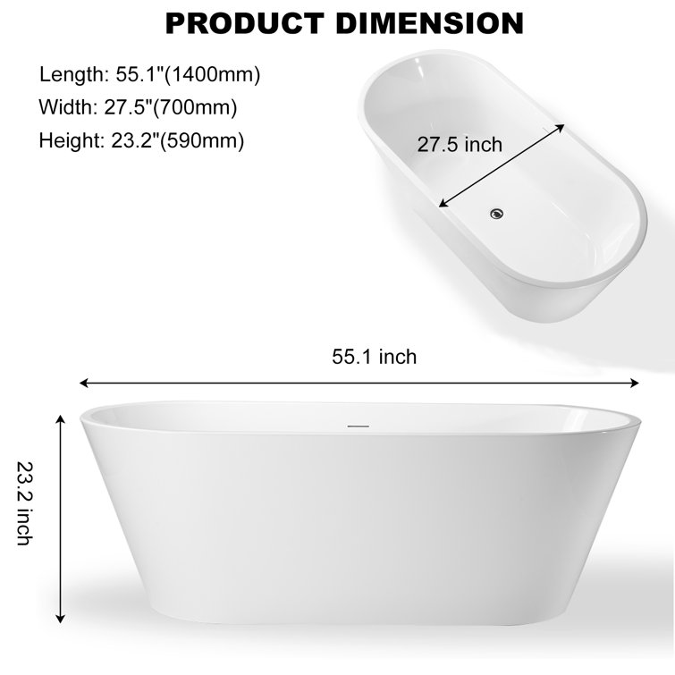 55" Glossy White Acrylic Freestanding Soaking Bathtub
