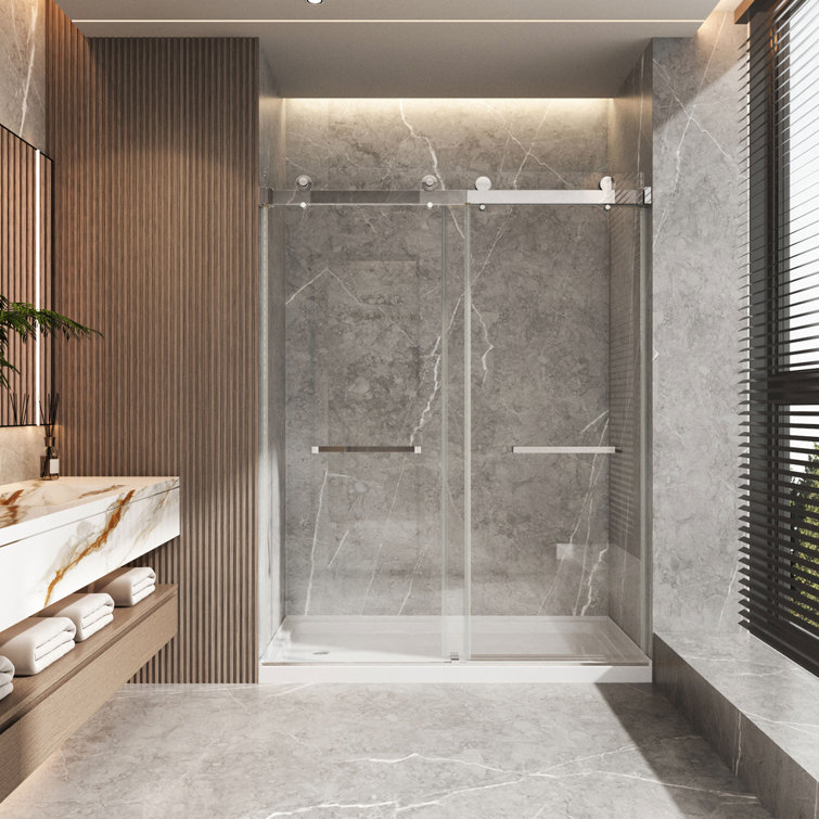 Brushed Nickel Frameless Sliding Shower Door with Clear Tempered Glass