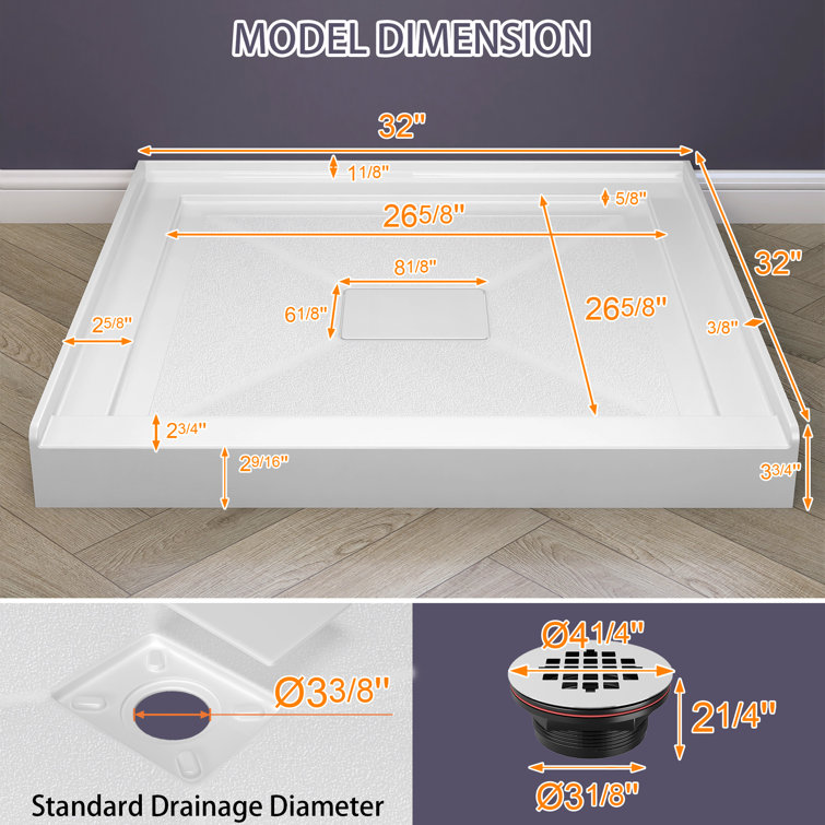 32" White Acrylic Shower Pan Base with Chrome Drain Cover