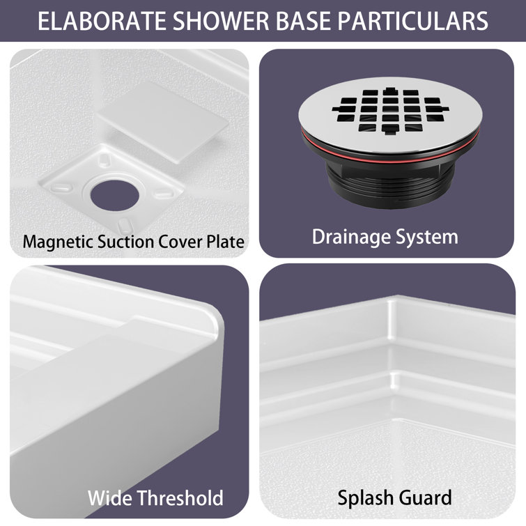 32" White Acrylic Shower Pan Base with Chrome Drain Cover