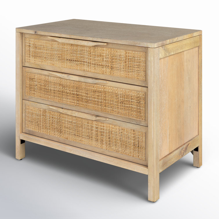Natural Mango 3-Drawer Nightstand with Woven Cane Front
