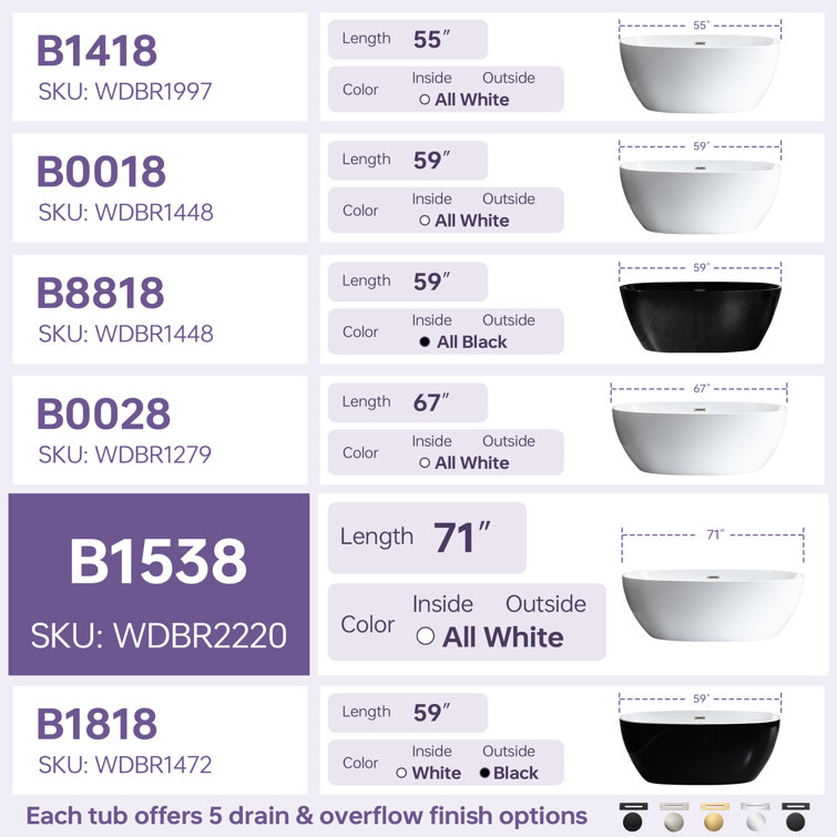 71'' White Acrylic Freestanding Oval Bathtub with Matte Black Drain