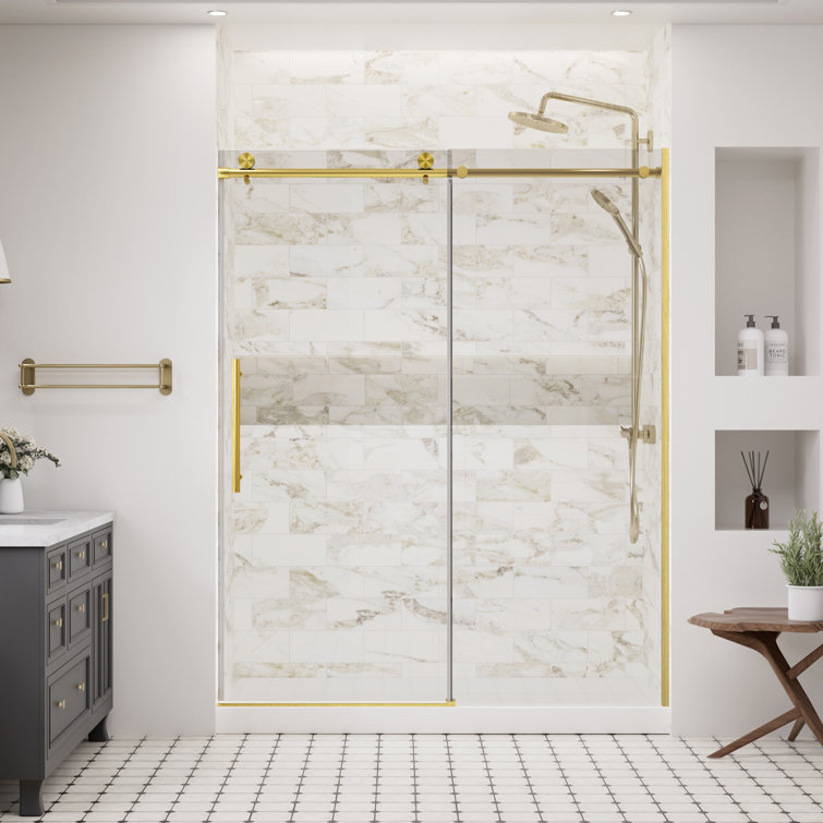 Brushed Gold Frameless Sliding Shower Door with Clear Tempered Glass