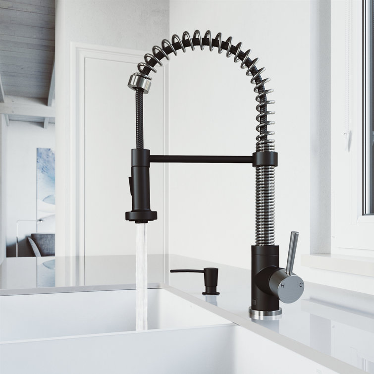Edison 19" Stainless Steel and Matte Black Pull-Down Kitchen Faucet with Soap Dispenser
