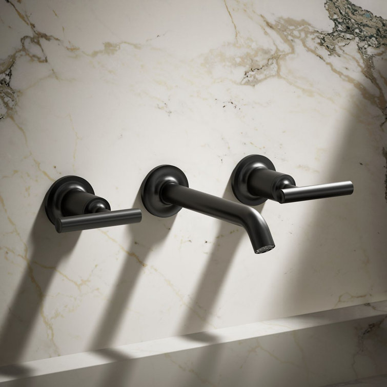 Matte Black Wall-Mounted Bathroom Faucet with Lever Handles