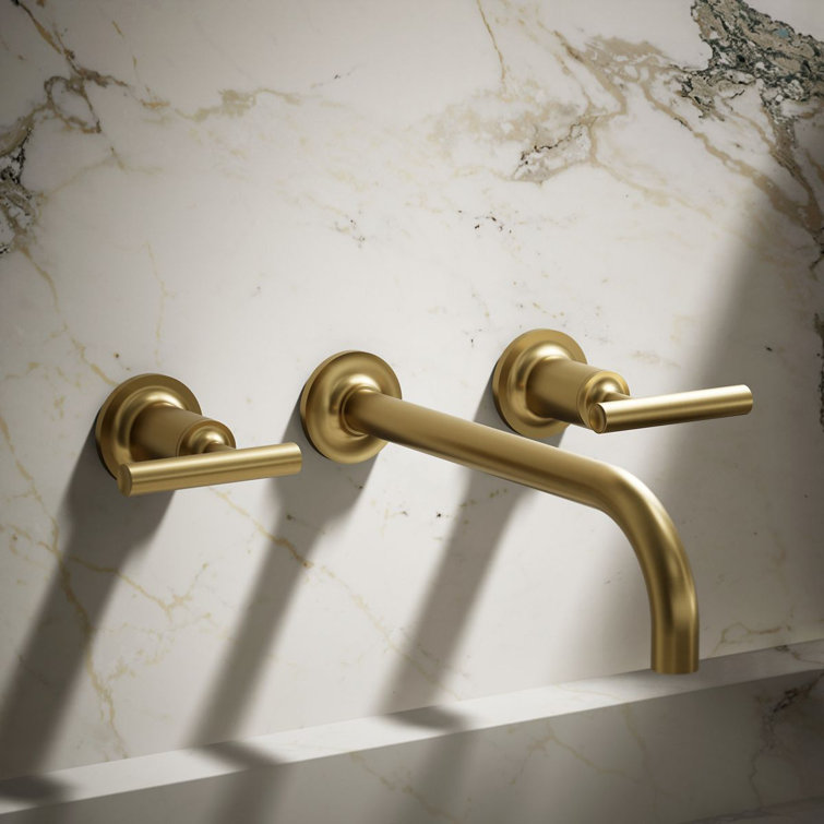 Purist Brushed Brass 2-Handle Low-Arc Wall-Mount Bathroom Faucet