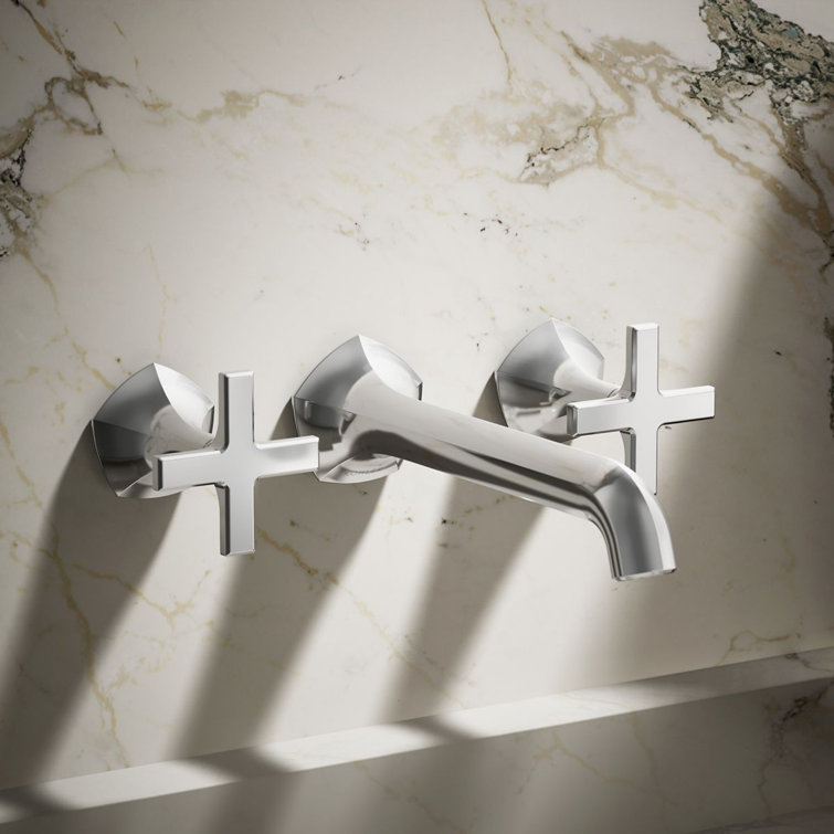 Polished Chrome Wall-Mount Bathroom Sink Faucet Cross Handles
