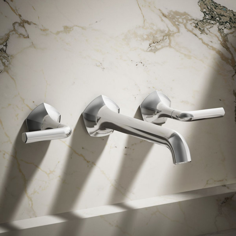 Polished Chrome Double Handle Wall-Mount Bathroom Sink Faucet Lever