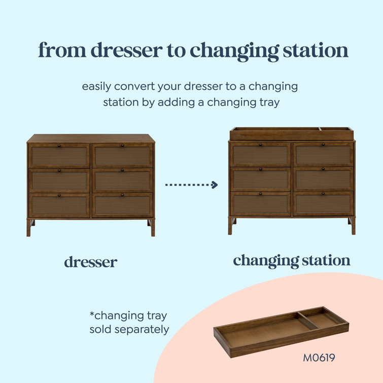 Walnut Double Nursery Dresser with Pressed Cane Accents