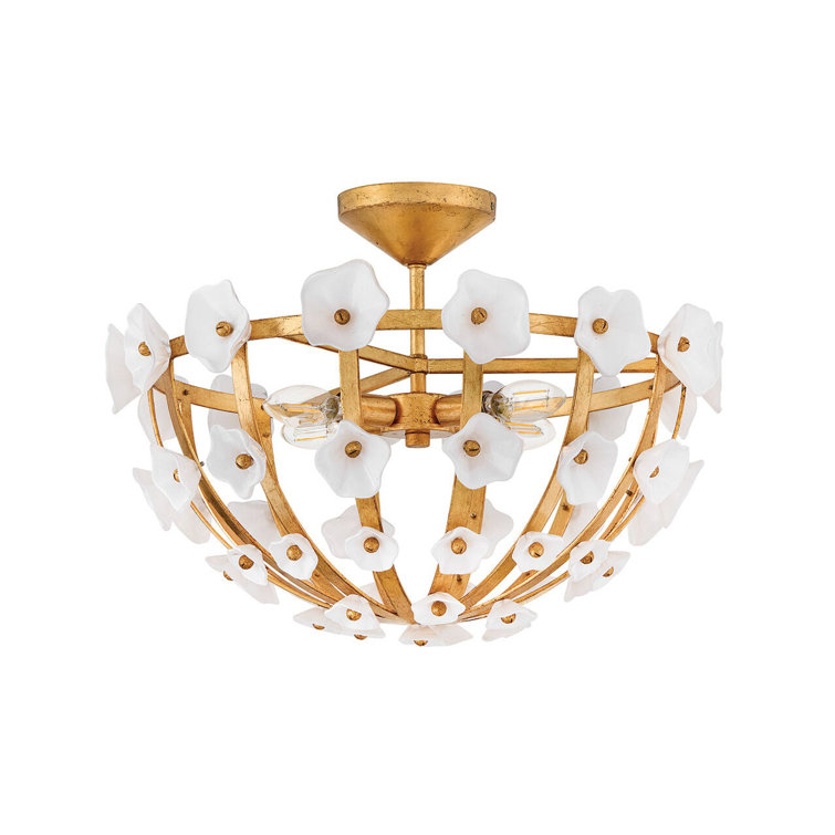 Distressed Brass and White Glass Floral LED Semi-Flush Mount