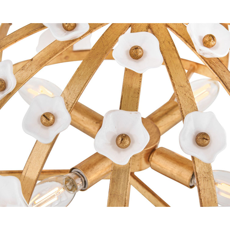 Distressed Brass and White Glass Floral LED Semi-Flush Mount