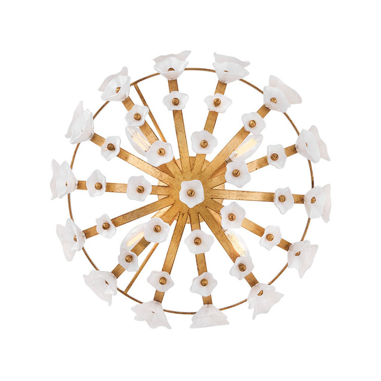 Distressed Brass and White Glass Floral LED Semi-Flush Mount