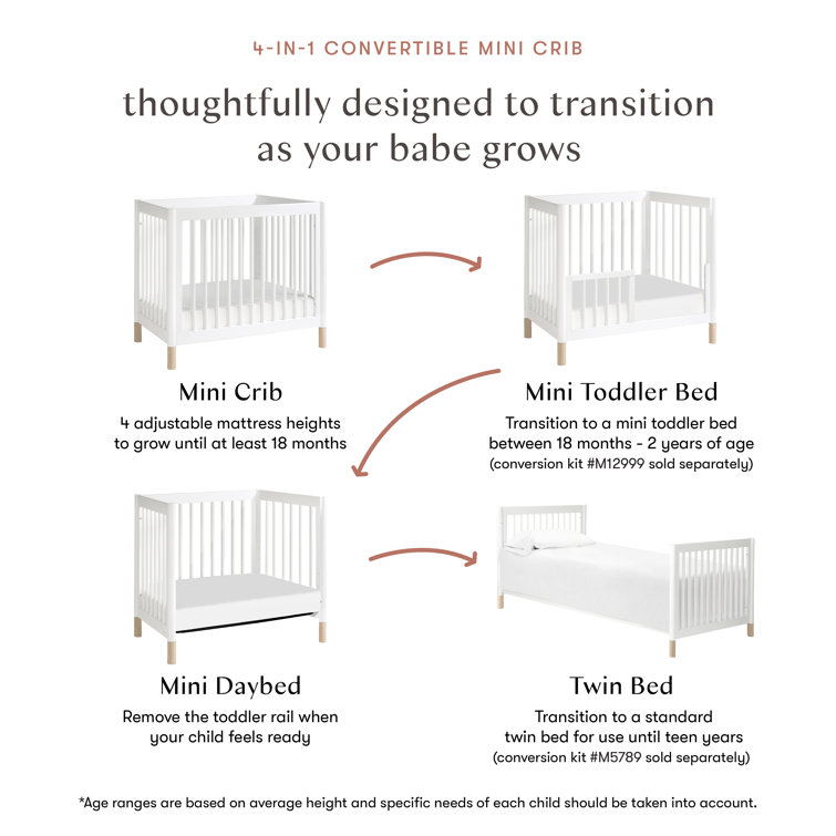 White and Washed Natural 4-in-1 Convertible Mini Crib