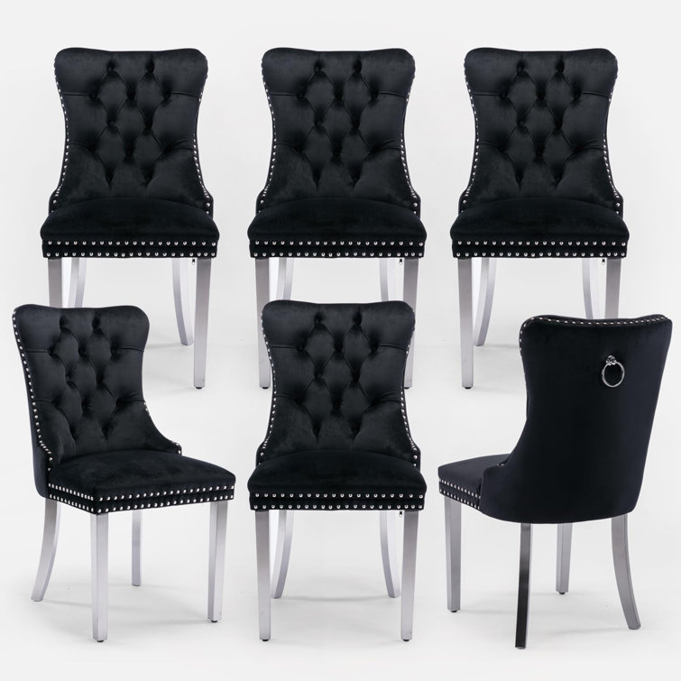 Black Velvet Tufted High Back Dining Chairs Set of 6