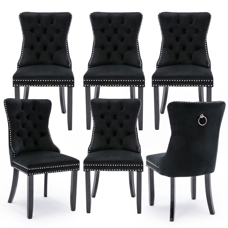 Black Velvet Tufted High Back Dining Chairs Set of 6