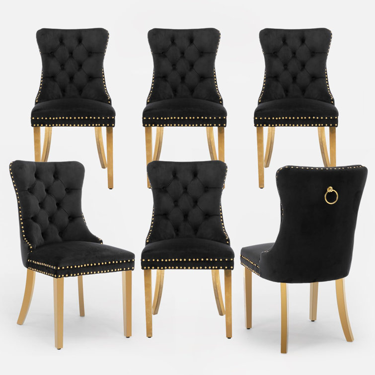 Black Velvet Tufted High Back Dining Chairs Set of 6