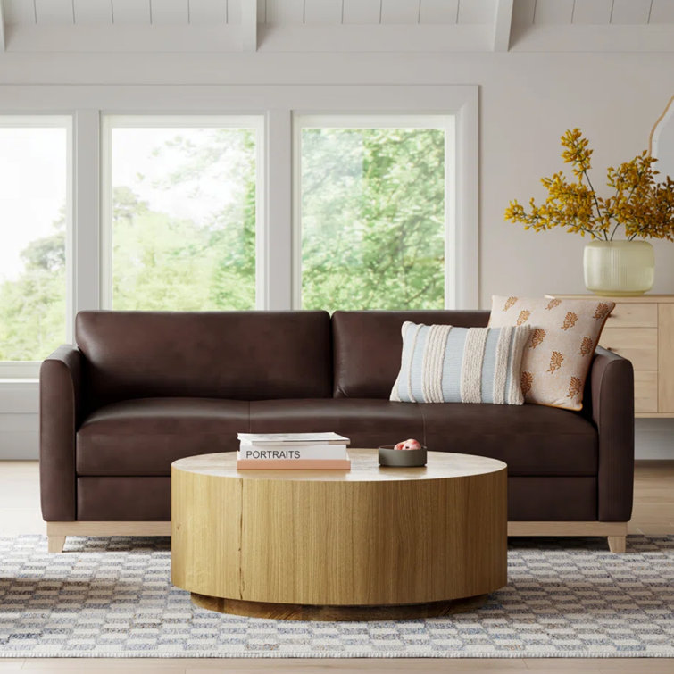 Natural Round Wood Grain Coffee Table with Wheels