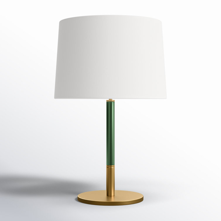Burnished Brass Green Steel Table Lamp with White Linen Shade