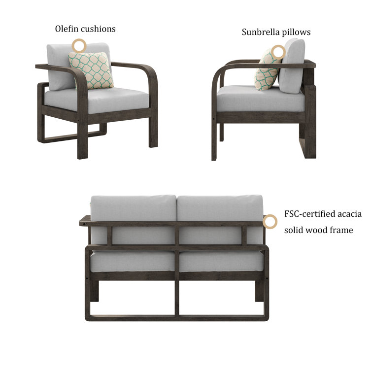 Light Brown Solid Wood 4-Person Outdoor Seating Set with Gray Cushions