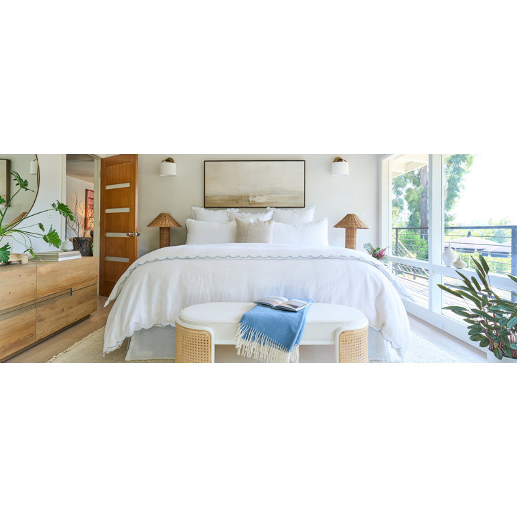 White Linen Euro Sham with Blue Embroidered Scallops