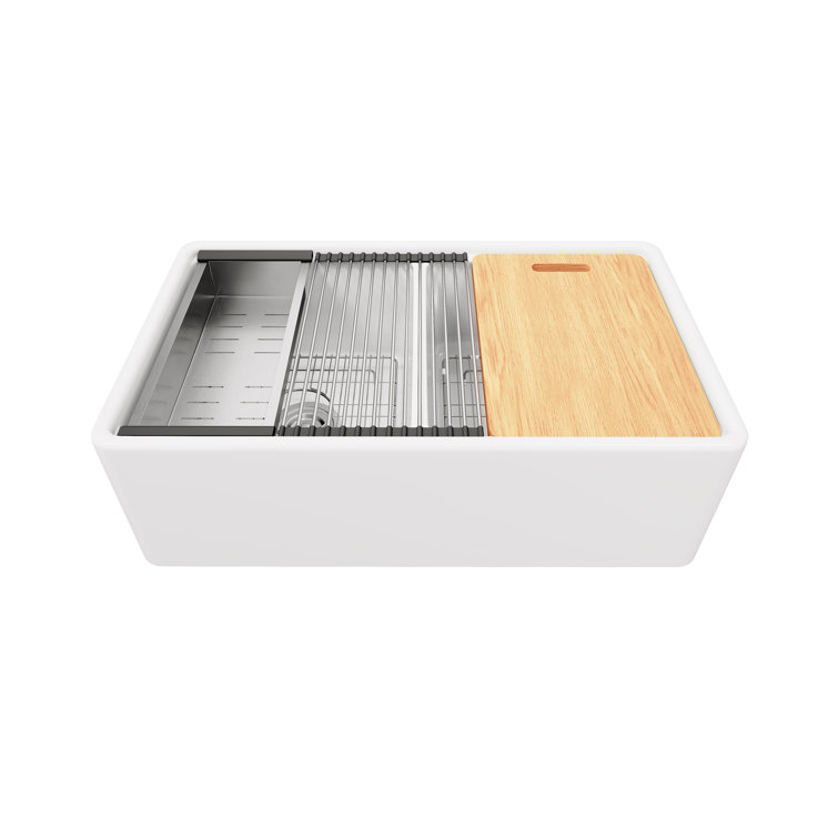 Crisp White Ceramic Double Bowl Farmhouse Kitchen Sink with Accessories