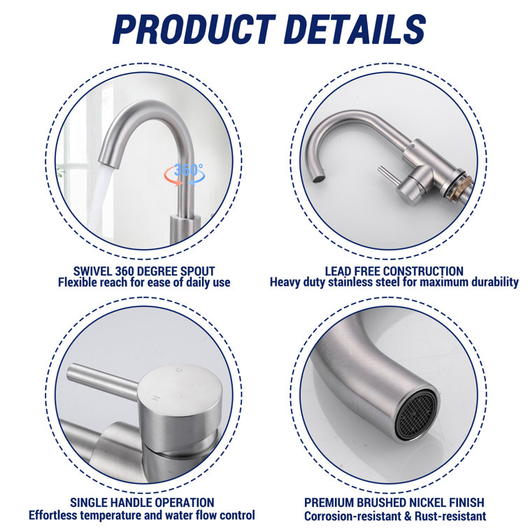 Brushed Nickel Single Handle Stainless Steel Bar Faucet with Swivel Spout