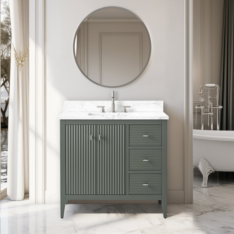 Vintage Green Single Sink Bathroom Vanity with Marble Top