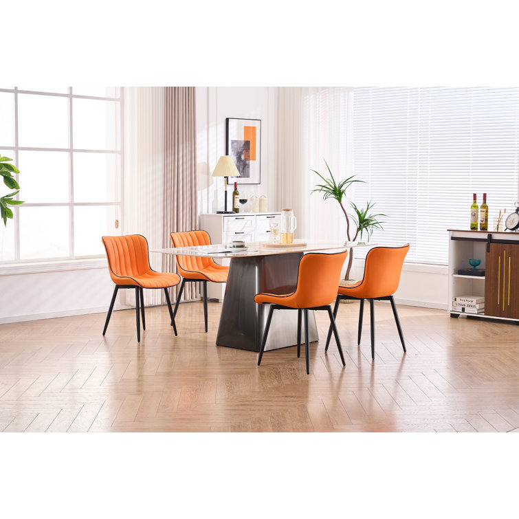 Orange Faux Leather Upholstered Side Chairs with Metal Legs, Set of 2