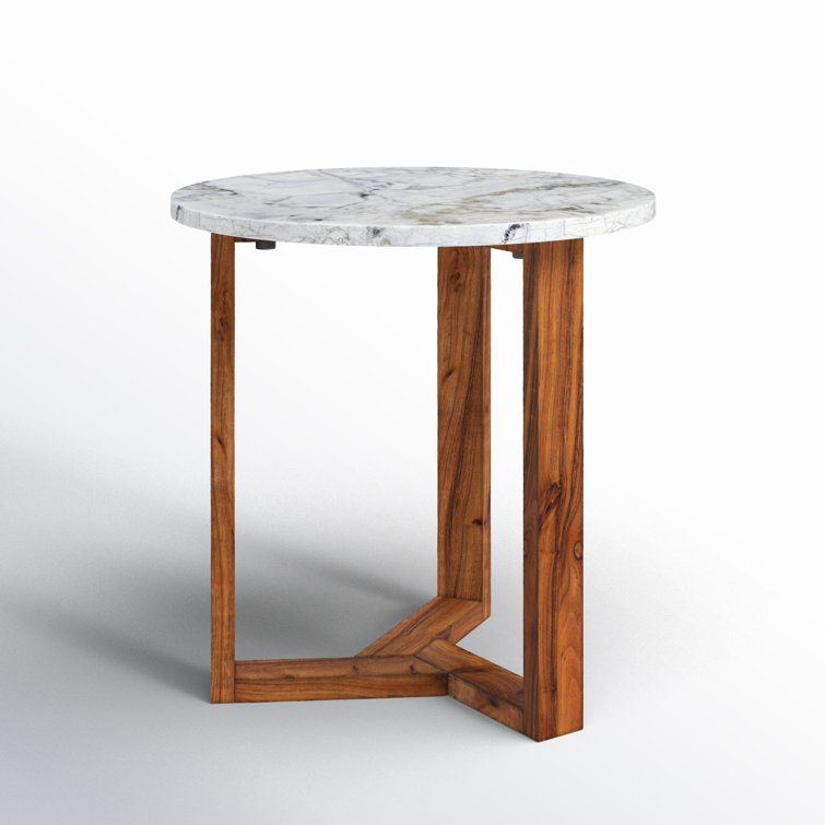 Round Marble and Acacia Wood Side Table