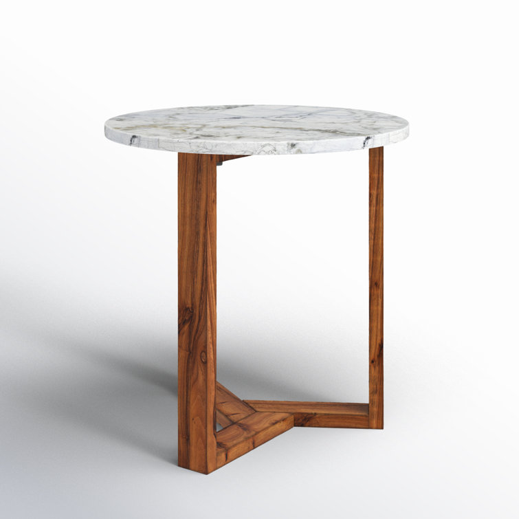 Round Marble and Acacia Wood Side Table