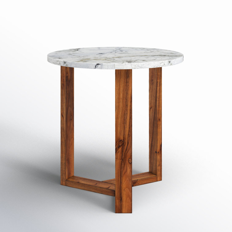 Round Marble and Acacia Wood Side Table