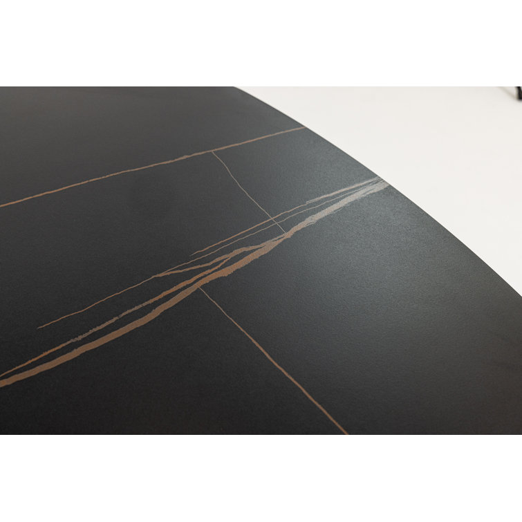 Black Ceramic and Wood Extendable Dining Table with Trestle Base