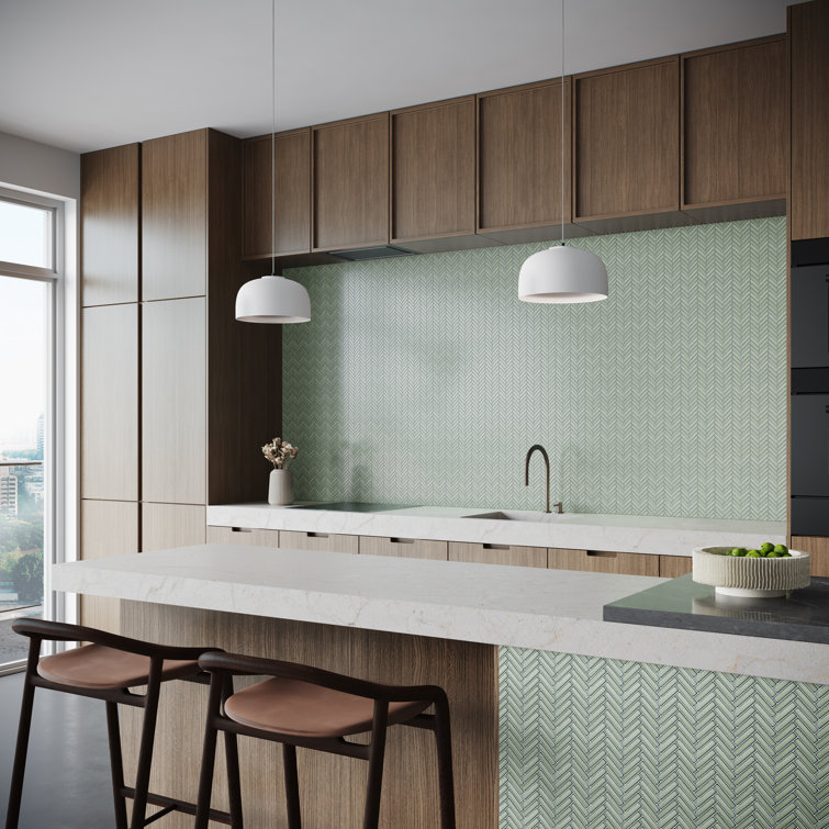 Mint Green Glossy Porcelain Herringbone Mosaic Tile 11.14 in. x 11.14 in.