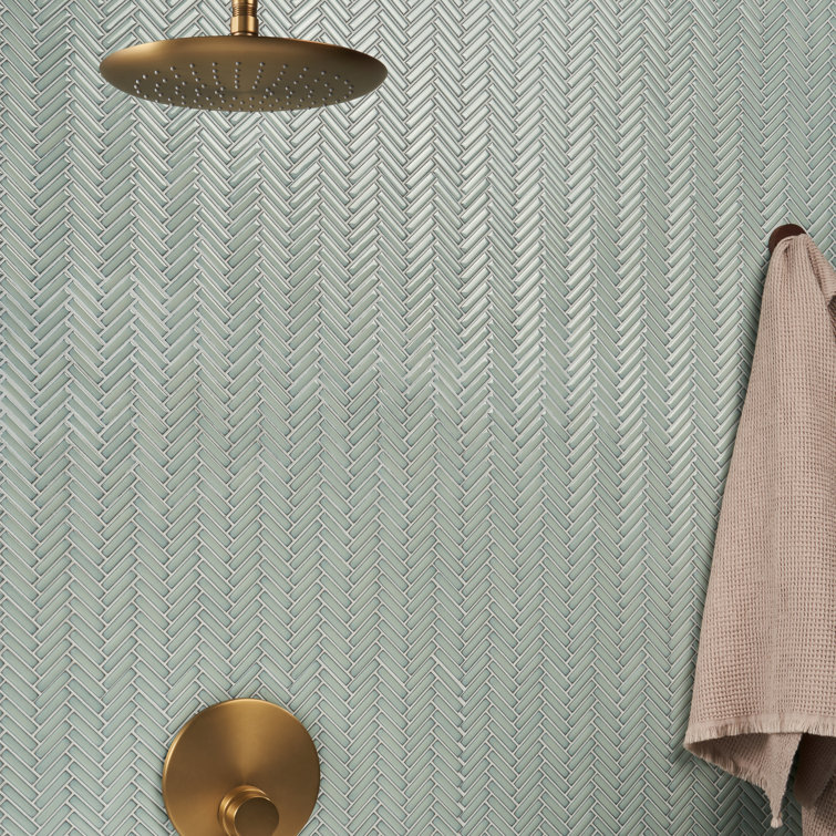 Mint Green Glossy Porcelain Herringbone Mosaic Tile 11.14 in. x 11.14 in.