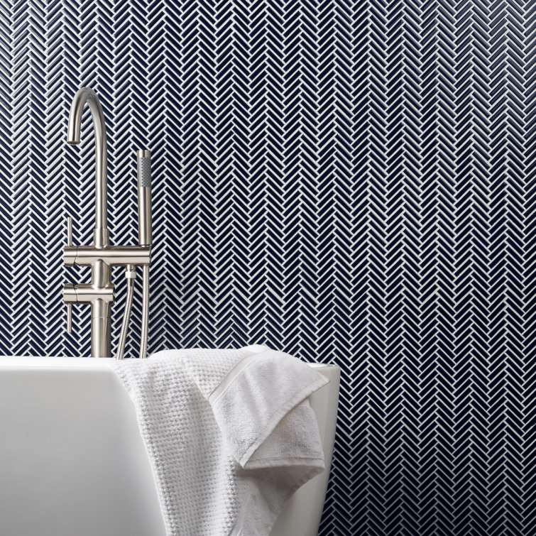 Royal Blue Glossy Porcelain Herringbone Mosaic Tile 11.14 in. x 11.14 in.