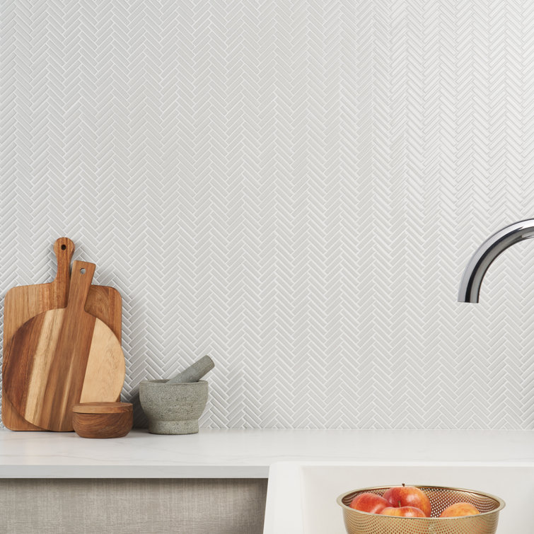 White Herringbone 11x11 Glossy Porcelain Mosaic Tile