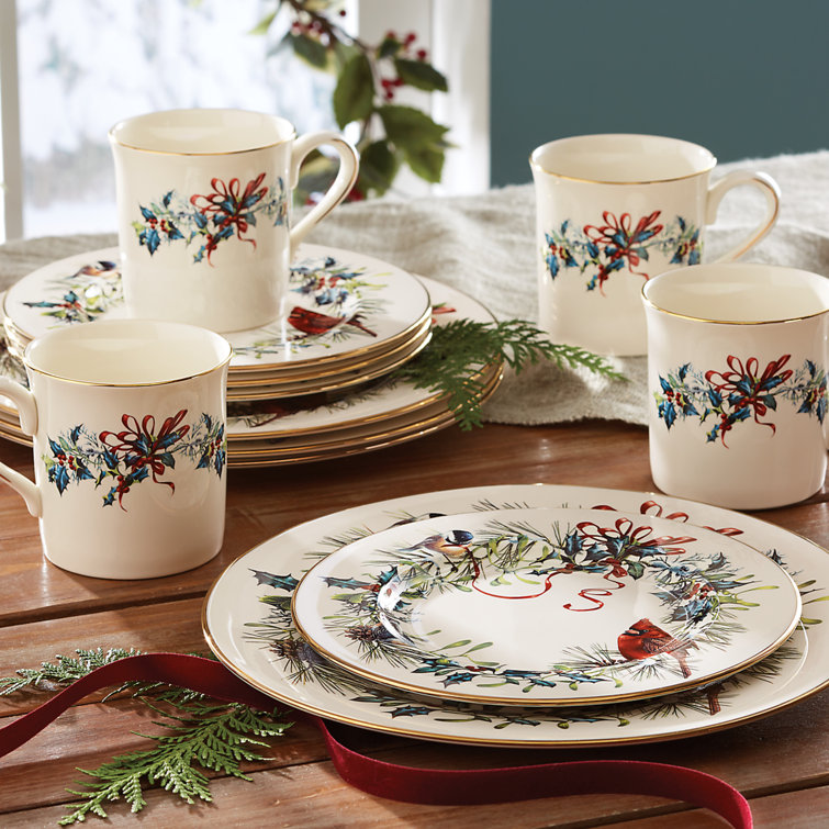 Winter Greetings Ivory Porcelain 12-Piece Dinnerware Set with Gold Trim