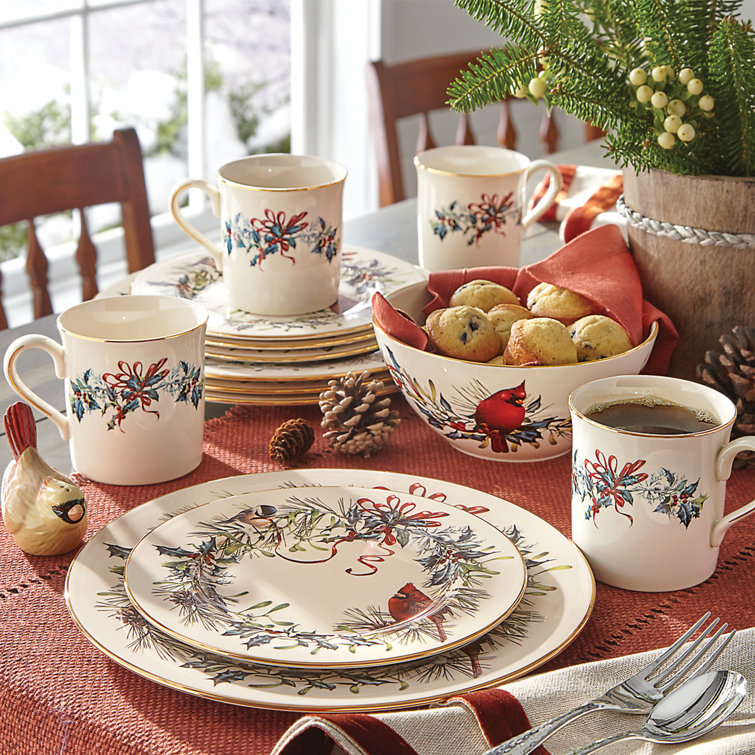 Winter Greetings Ivory Porcelain 12-Piece Dinnerware Set with Gold Trim